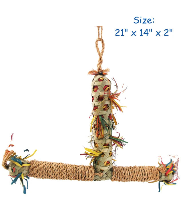 Bird toy with colorful feathers and a rope on a white background