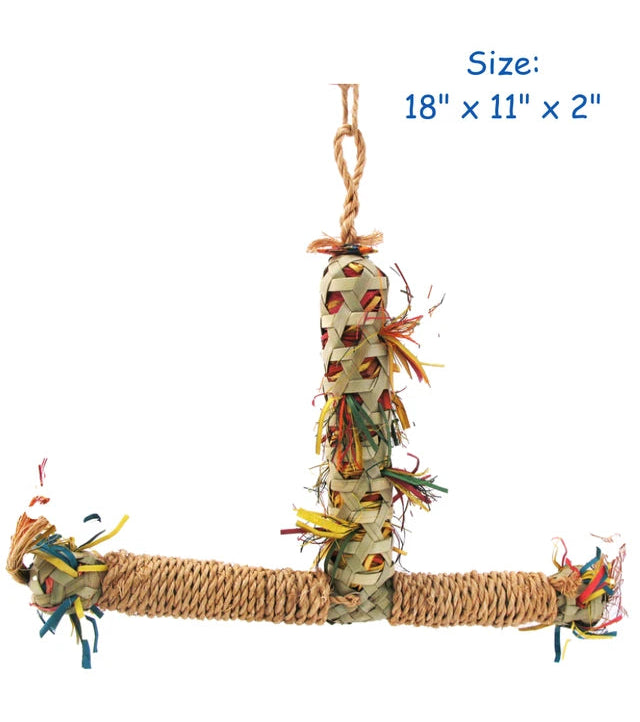 Bird toy with colorful feathers and a rope on a white background