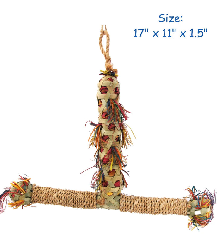 Bird toy with woven design and colorful feathers on a white background