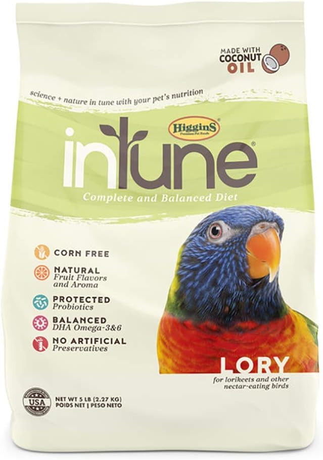 Huggins' inTune Lory bird food packaging with a colorful parrot illustration on a white background.