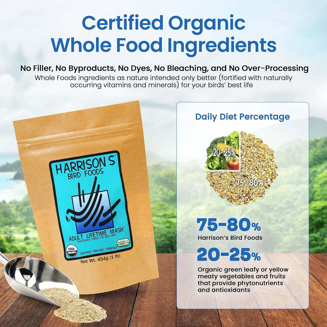 Harrison's Adult Lifetime Mash 1lb  package with a scoop of bird food on a wooden surface and the daily diet percentage.