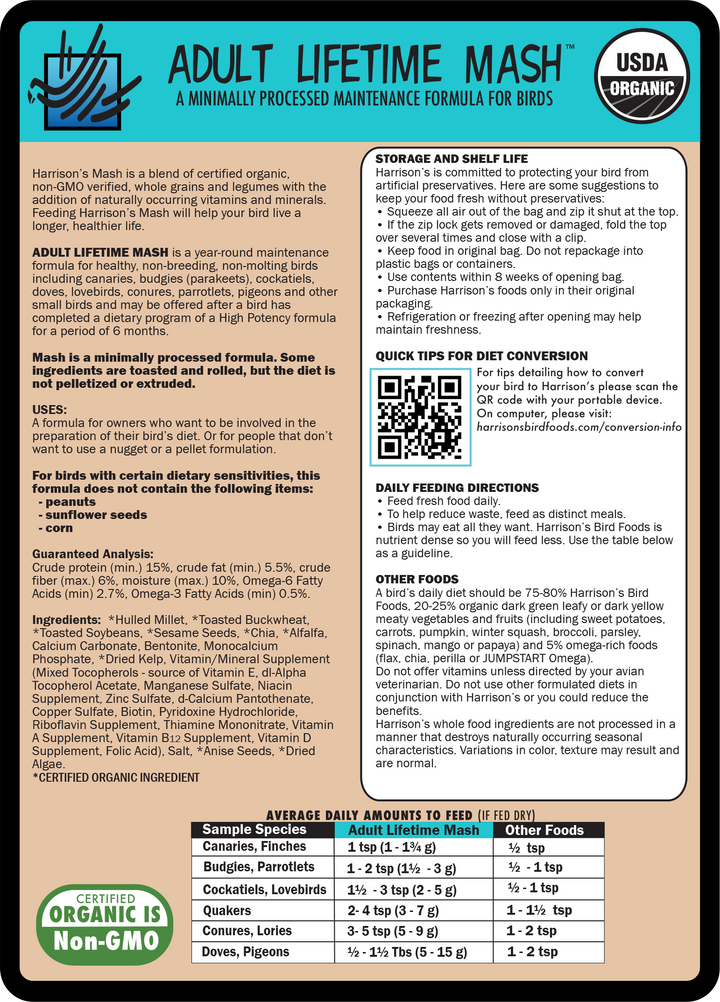 Harrisons Adult Lifetime Mash bird food label with nutritional information and QR code.