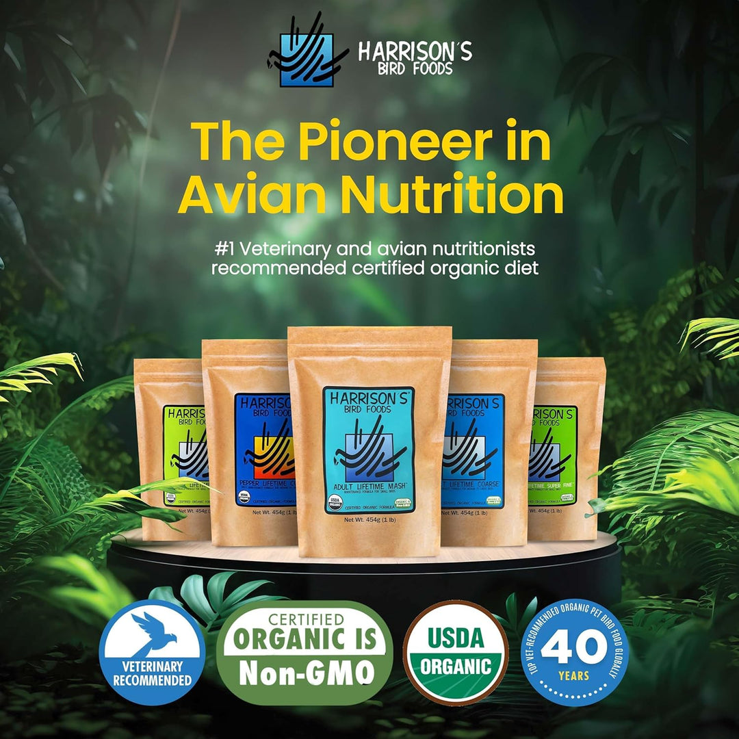 Harrison's bird food packages with branding and certification logos on a natural background
