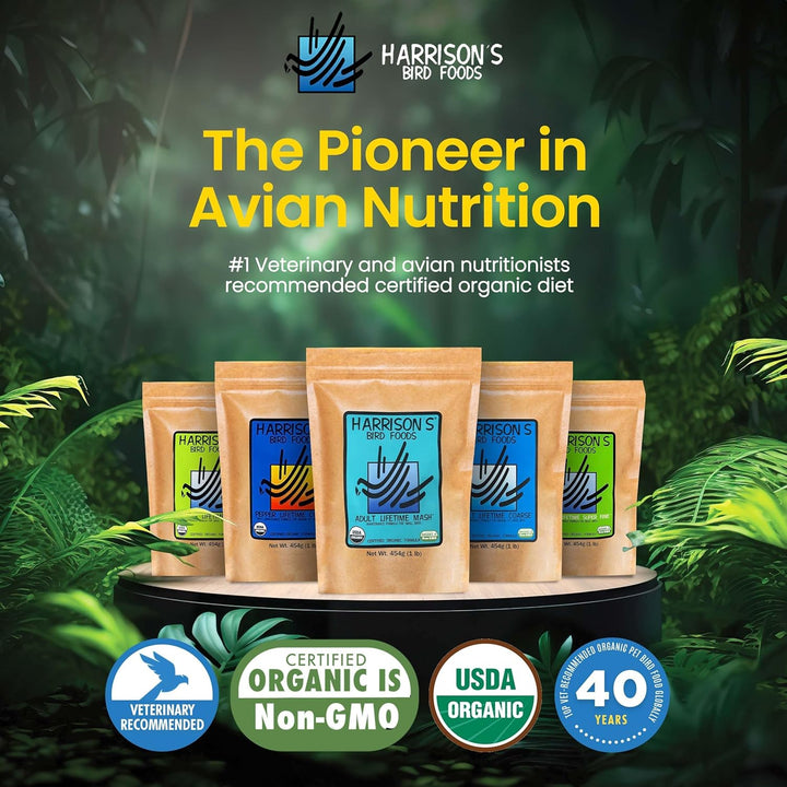 Harrison's bird food packages with branding and certification logos on a natural background