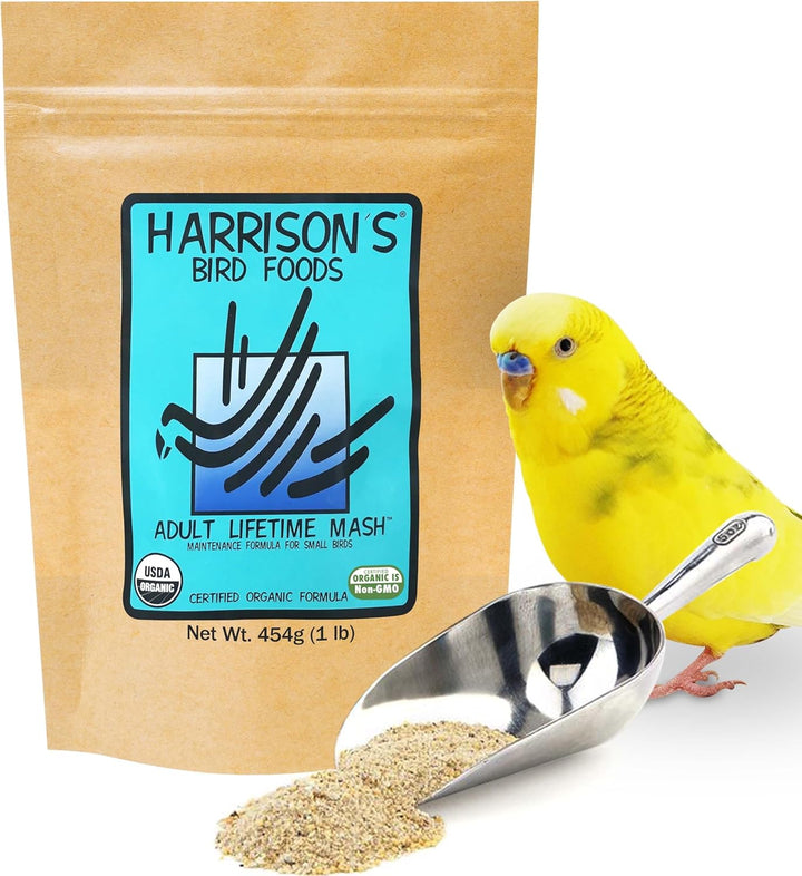 Harrison's Adult Lifetime Mash 1lb package with a parakeet and scoop on a white background