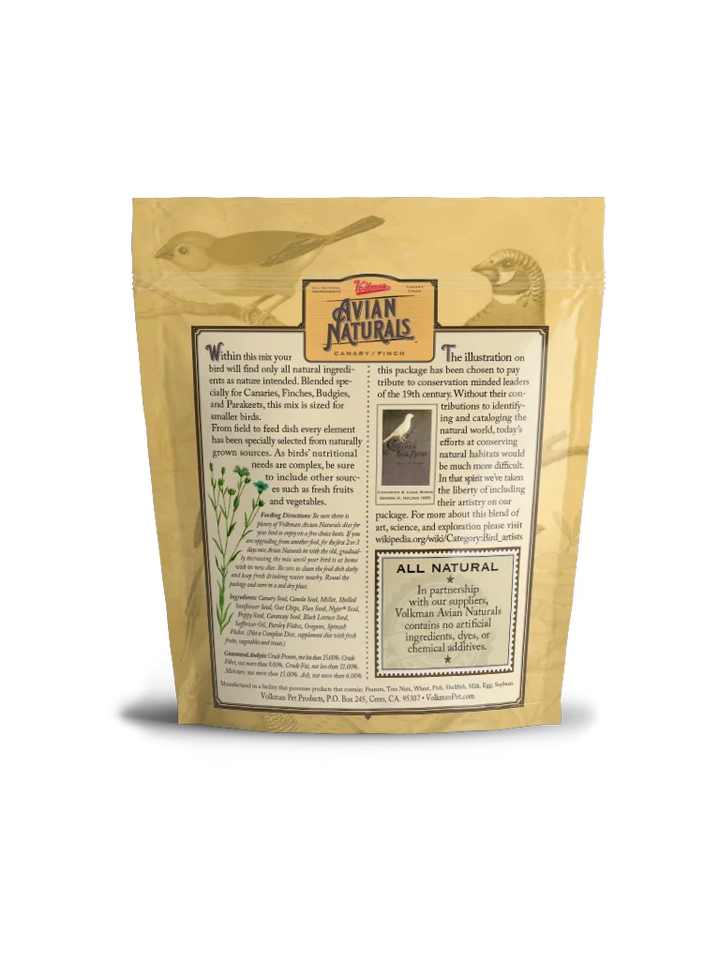 Avian Naturals bird food Canary Finch packaging back side