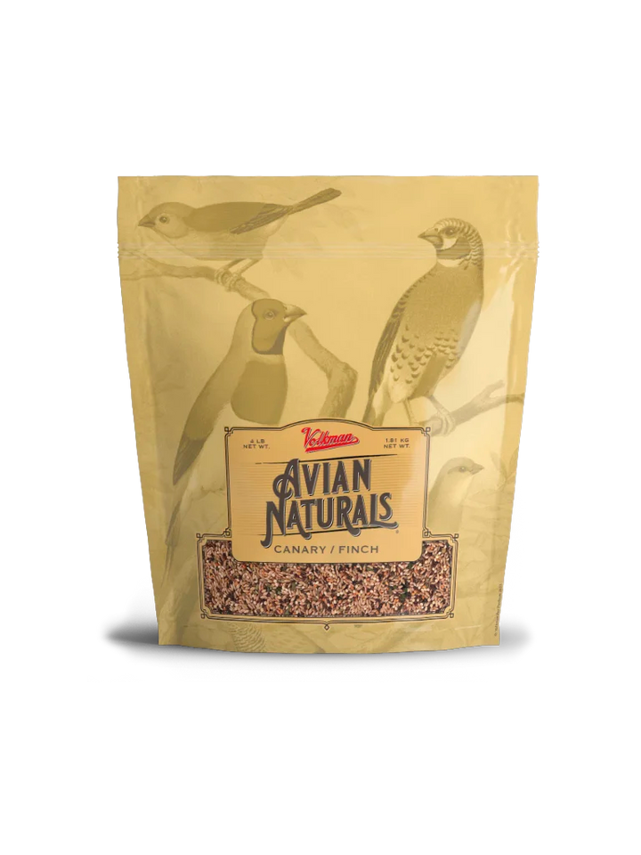 Bag of Avian Naturals bird seed with illustrations of birds on a beige background