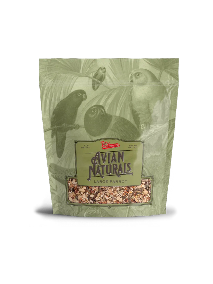 Package of Avian Naturals Large Parrot food with parrot illustrations on a white background.