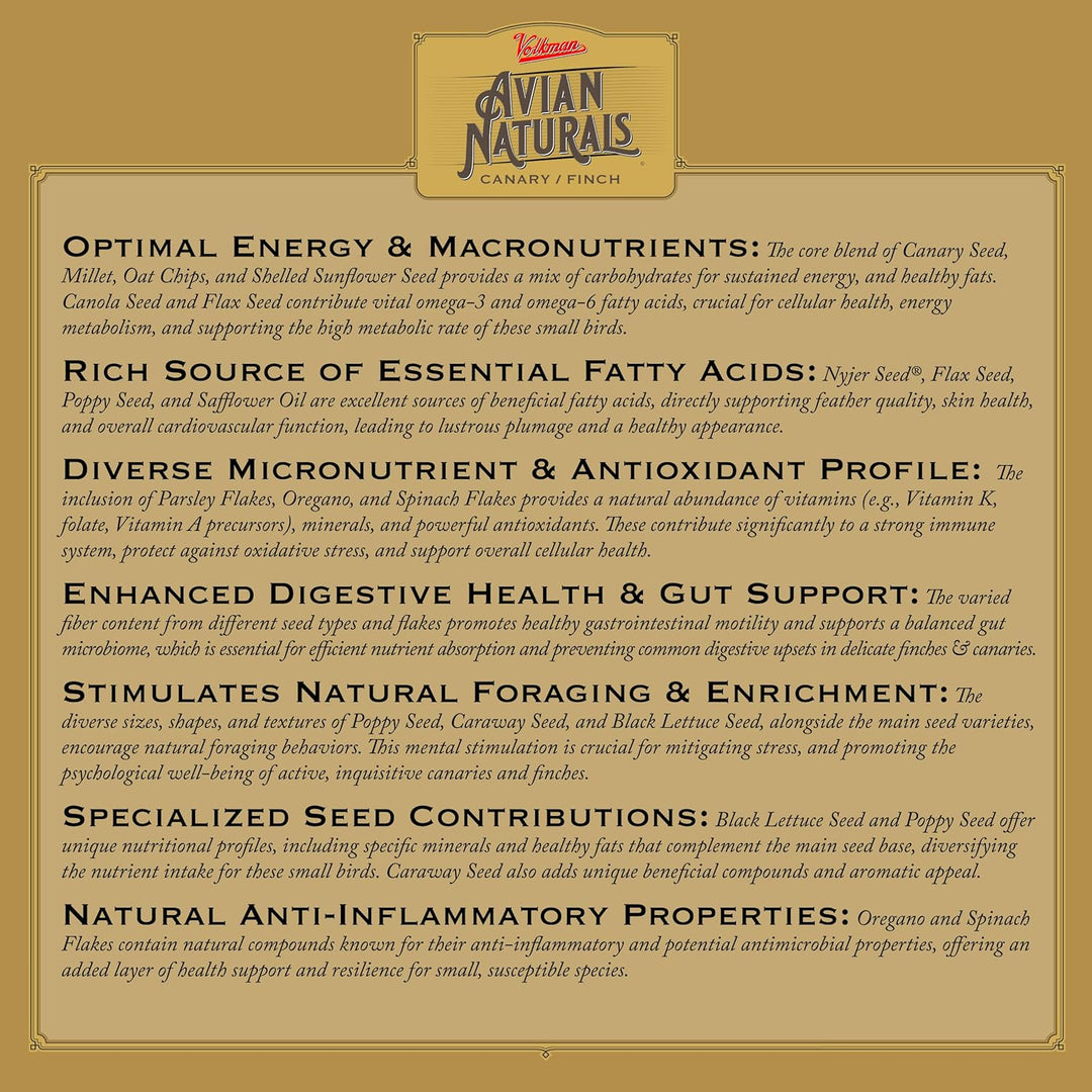 Avian Naturals Canary Finch product label with text about canary and finch food ingredients on a gold background