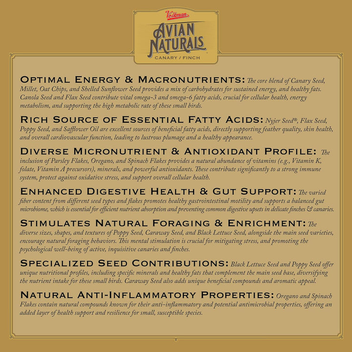 Avian Naturals Canary Finch product label with text about canary and finch food ingredients on a gold background