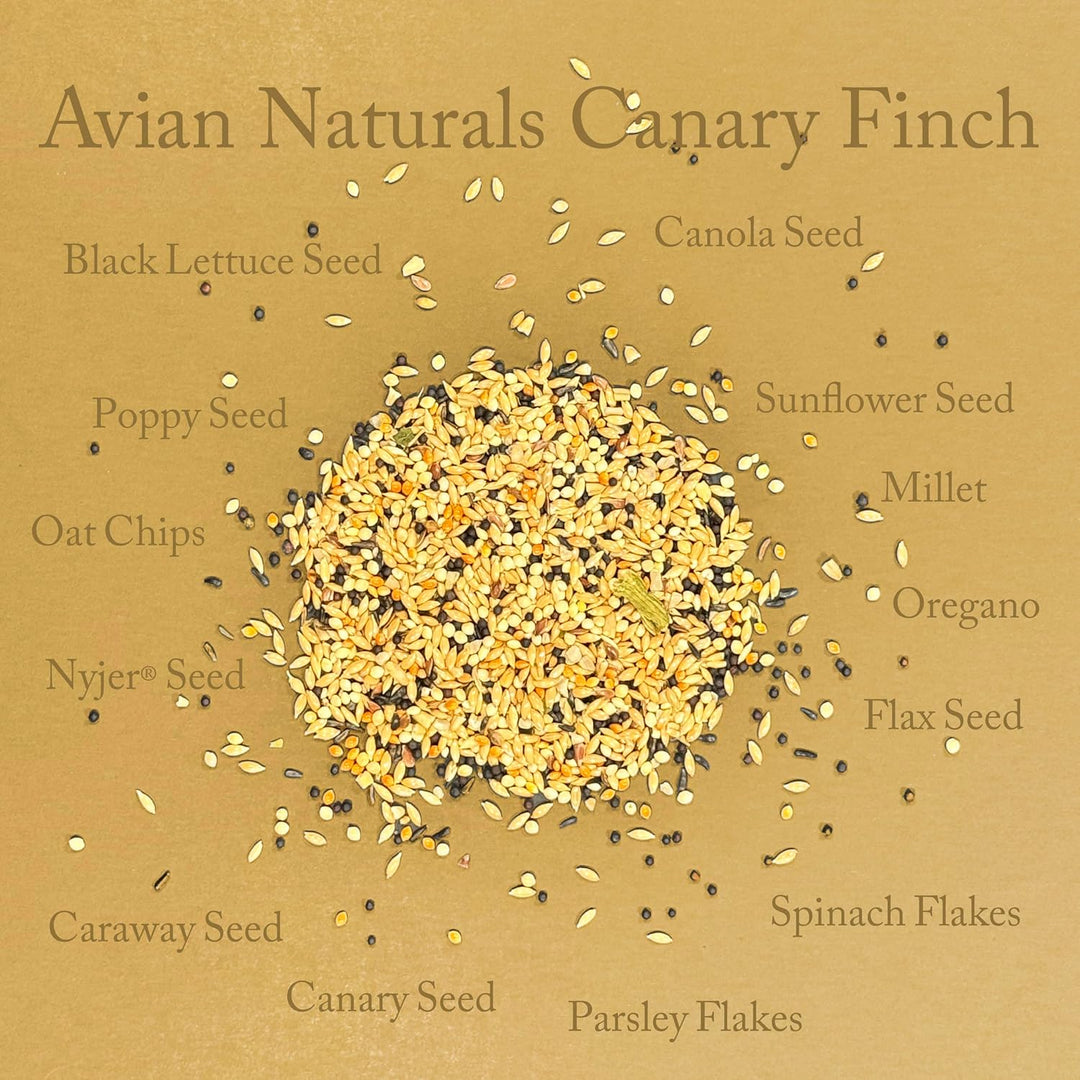 Avian Naturals Canary Finch seed mix on a beige background with seed names listed.