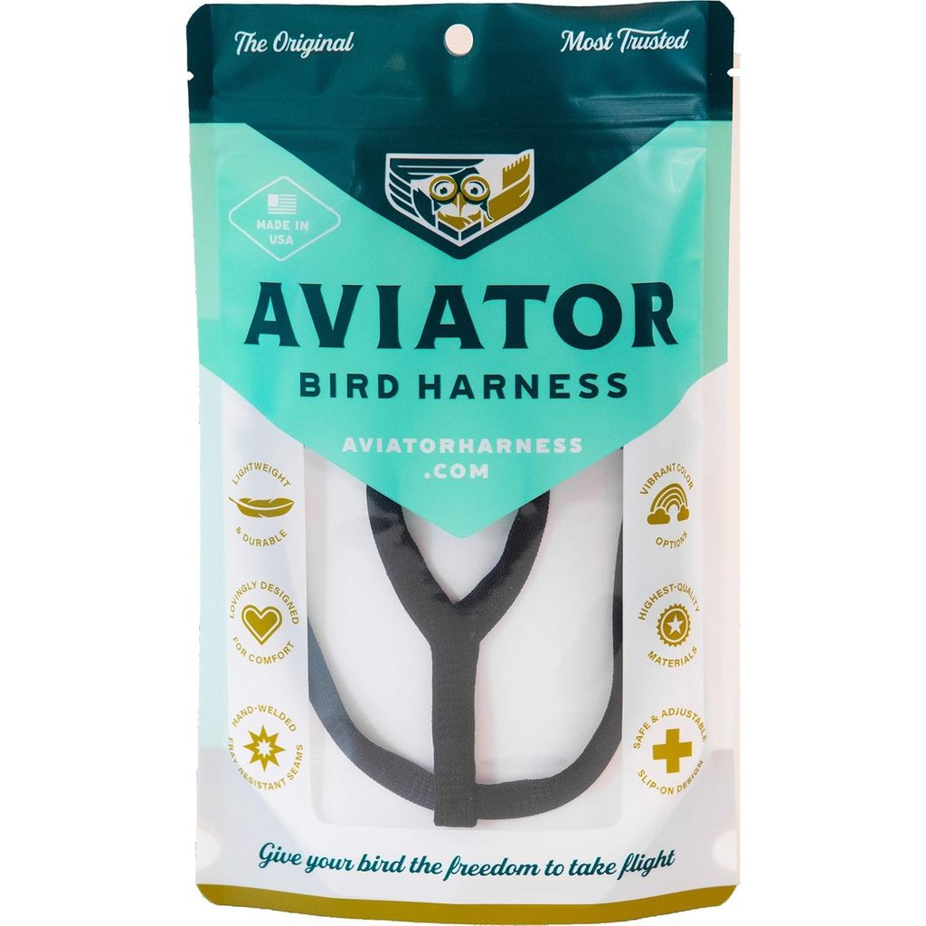 Aviator bird harness mini black packaging with brand logo and product image on a white background