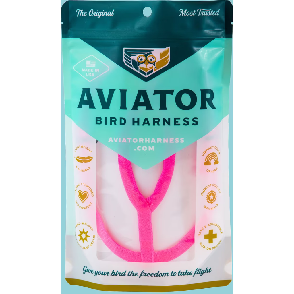 Aviator bird harness packaging with pink harness and brand logo on a teal and white background