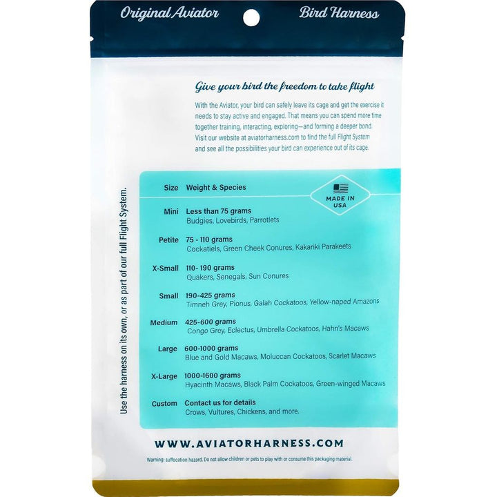 Bird harness packaging with size chart and branding information