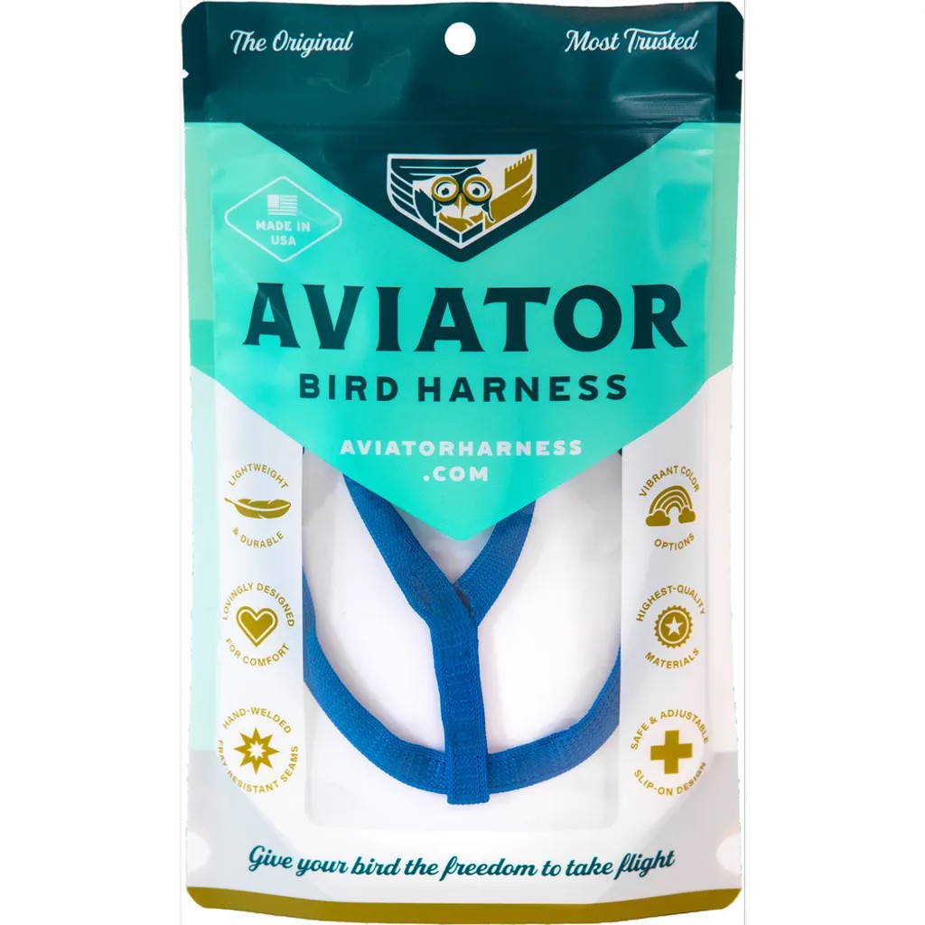 Aviator bird harness mini blue packaging with teal and white design