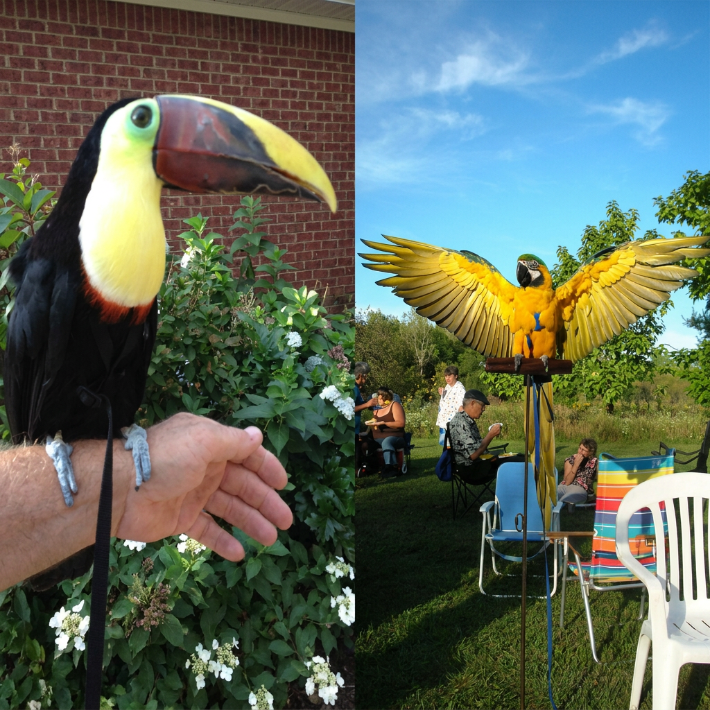 Collage of various parrots wearing Aviator Harness small harnesses.