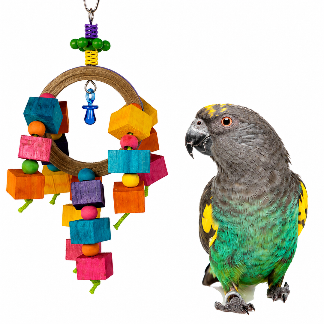 A colorful wooden parrot toy hanging on the left, shown next to a gray and green parrot on the right against a plain white background.