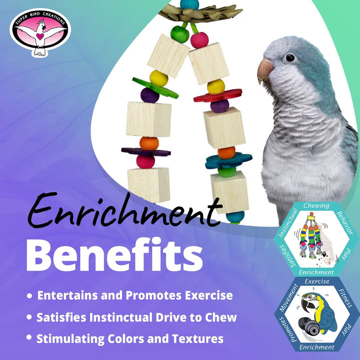 Balsa Flowers Bird toy with colorful blocks and a parrot, featuring text on enrichment benefits.