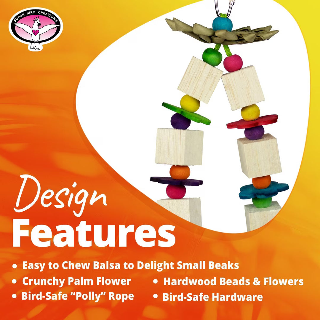 Balsa Flowers Colorful bird toy with text highlighting features on an orange background