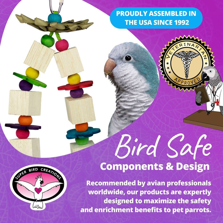Balsa Flowers Bird toy with text about assembly in USA, pet parrot, and certification badge on a purple background