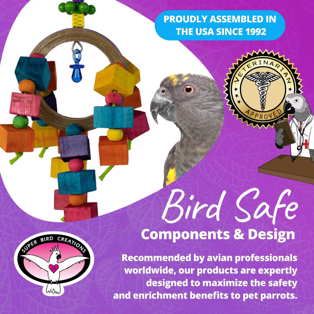 A colorful bird toy with hanging blocks and a blue hanging charm is shown on a purple promotional graphic.