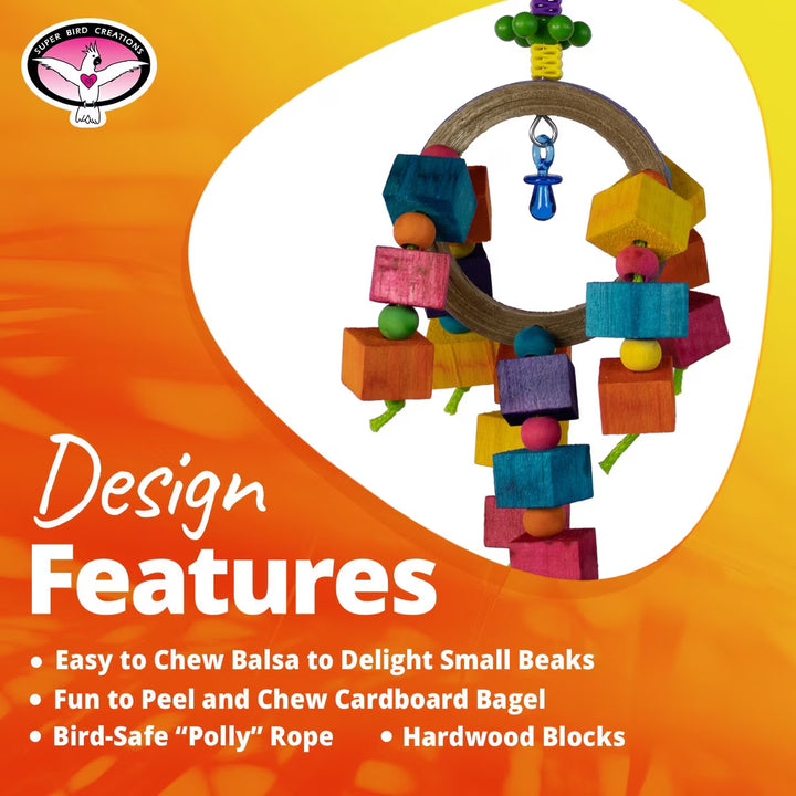  'Design Features' with bullet points about chew balsa, cardboard bagel, bird-safe 'Polly' rope, and hardwood blocks.