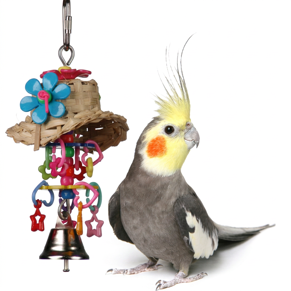 Cockatiel next to a colorful bird toy (Super Bird Creations Bonnie Bell) on a white background