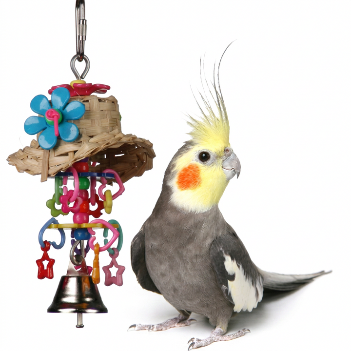 Cockatiel next to a colorful bird toy (Super Bird Creations Bonnie Bell) on a white background