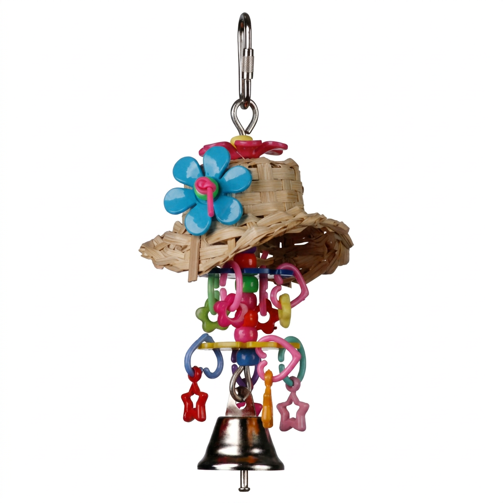 Super Bird Creations Bonnie Bell bird toy with a bell, flowers, and wicker structure on a white background