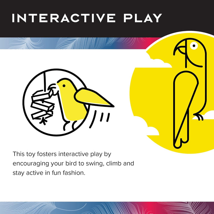 Toy packaging for parrots with illustrations and text about interactive play.