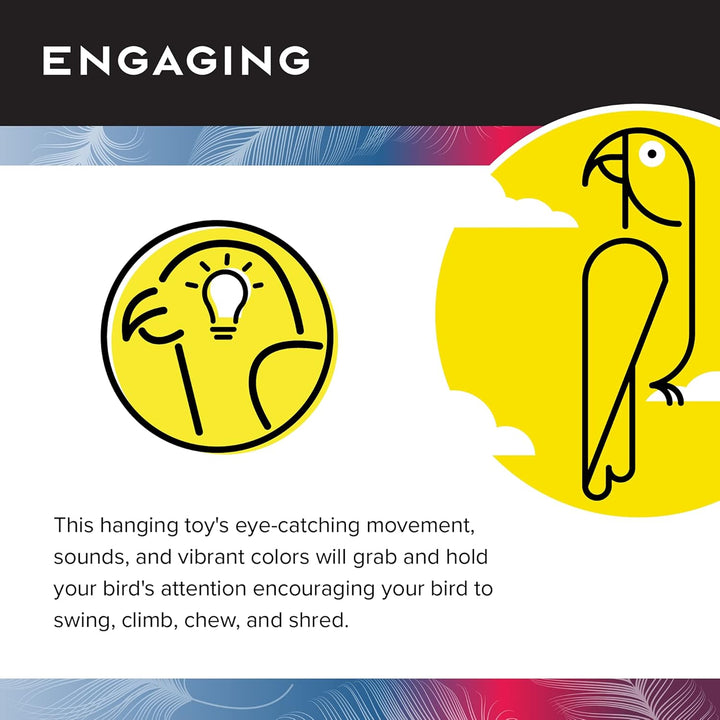 Hanging toy with parrot design and text about engaging a bird's attention.