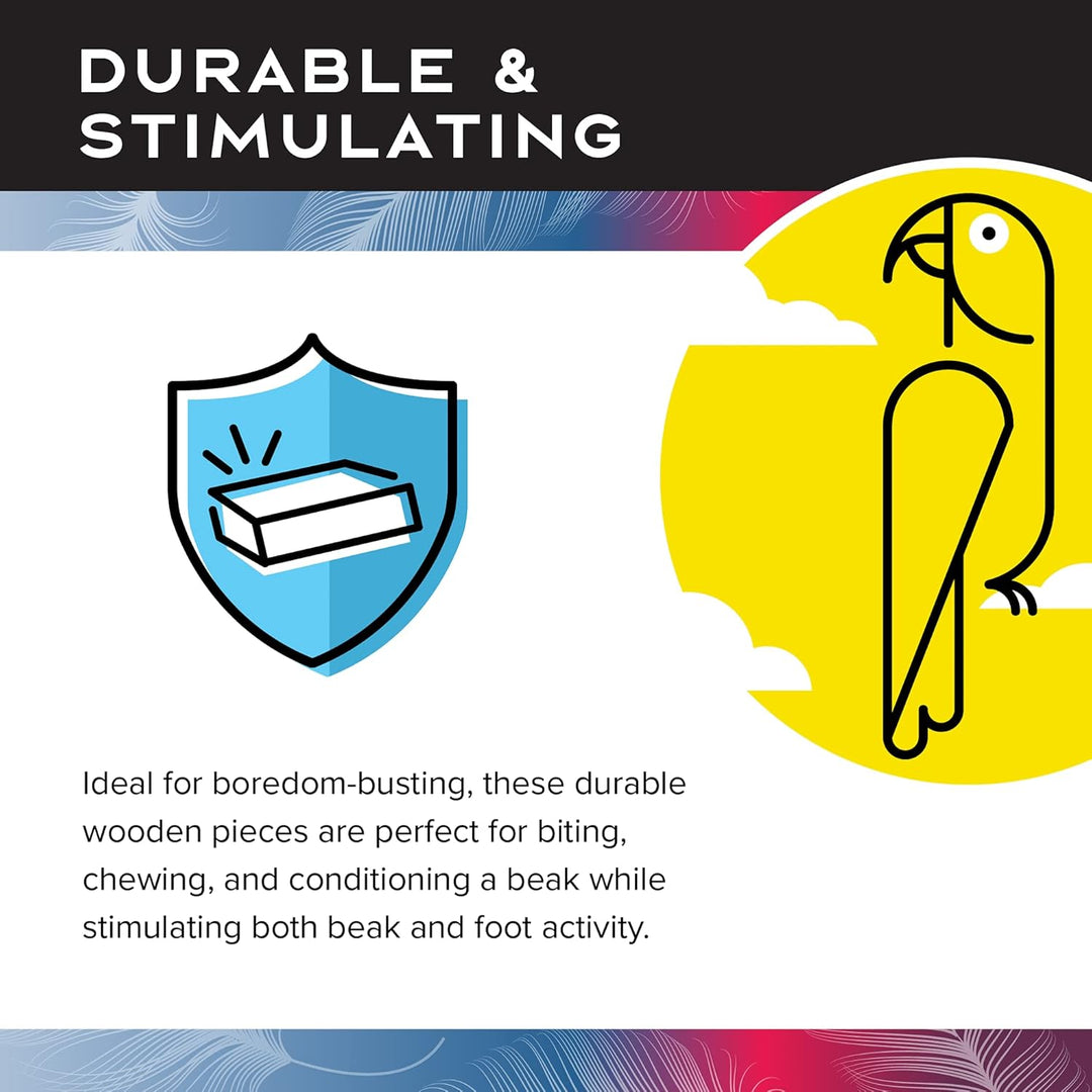 Product advertisement for durable wooden bird toys with a shield icon and parrot illustration.