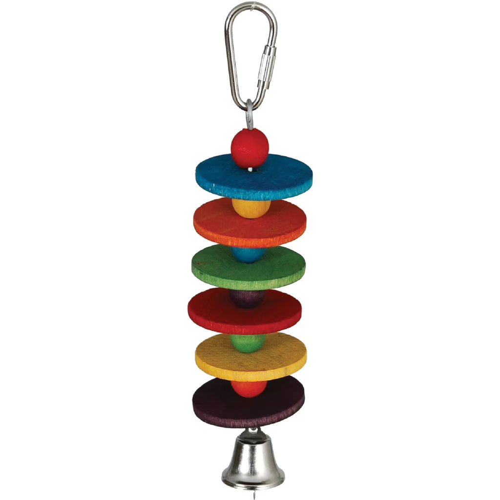 Colorful Caitec Disco Bird Toy with a bell and carabiner on a white background
