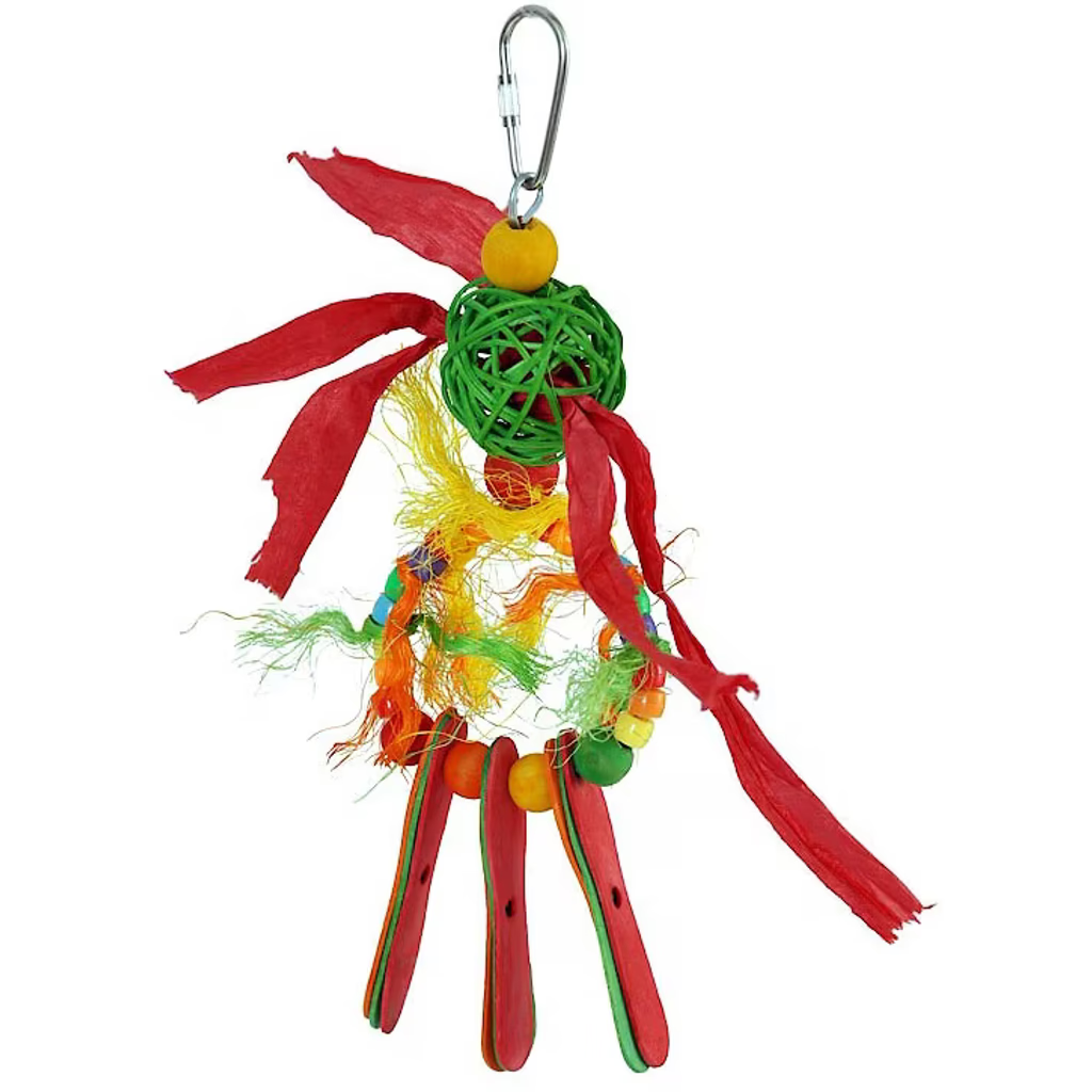Colorful Caitec Dream Catcher Bird Toy with ribbons and a green woven ball on a white background