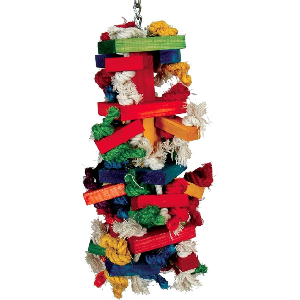 Colorful bird toy with wooden blocks and raffia on a white background