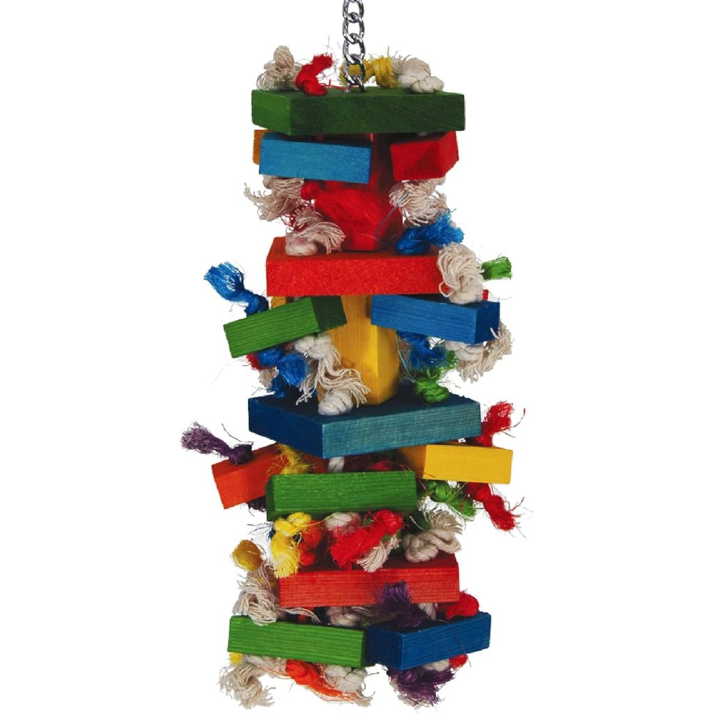 Colorful bird toy made of stacked blocks with a chain on a white background