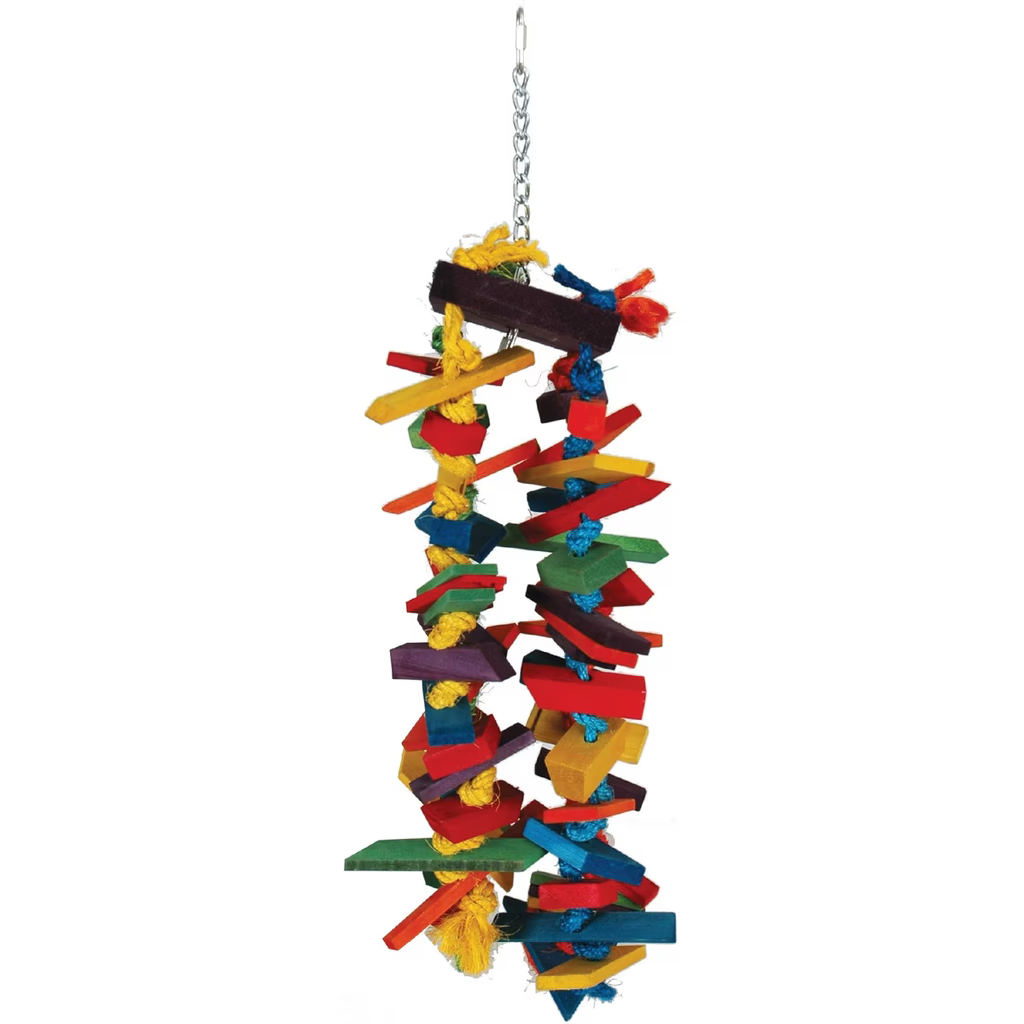 Colorful bird toy (Caitec Tinker N Round Bird Toy) made of wooden blocks and rope on a white background