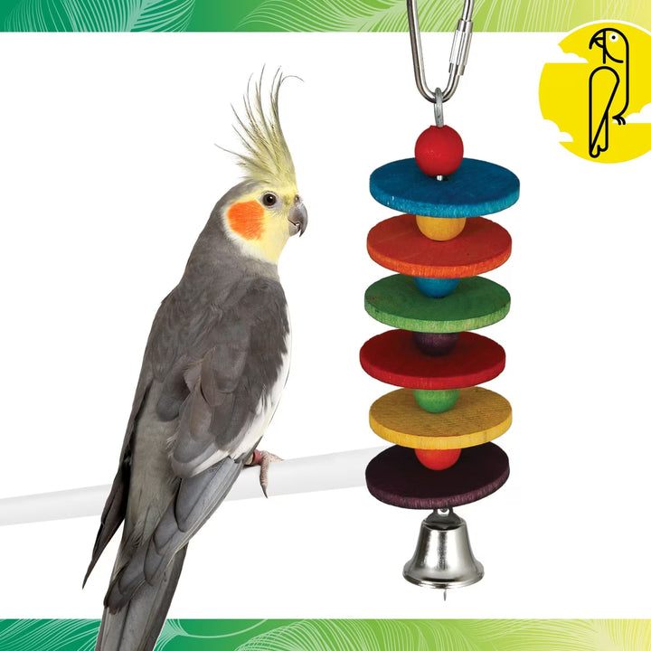 Cockatiel perched on a colorful wooden Caitec Disco Bird Toy with a bell.