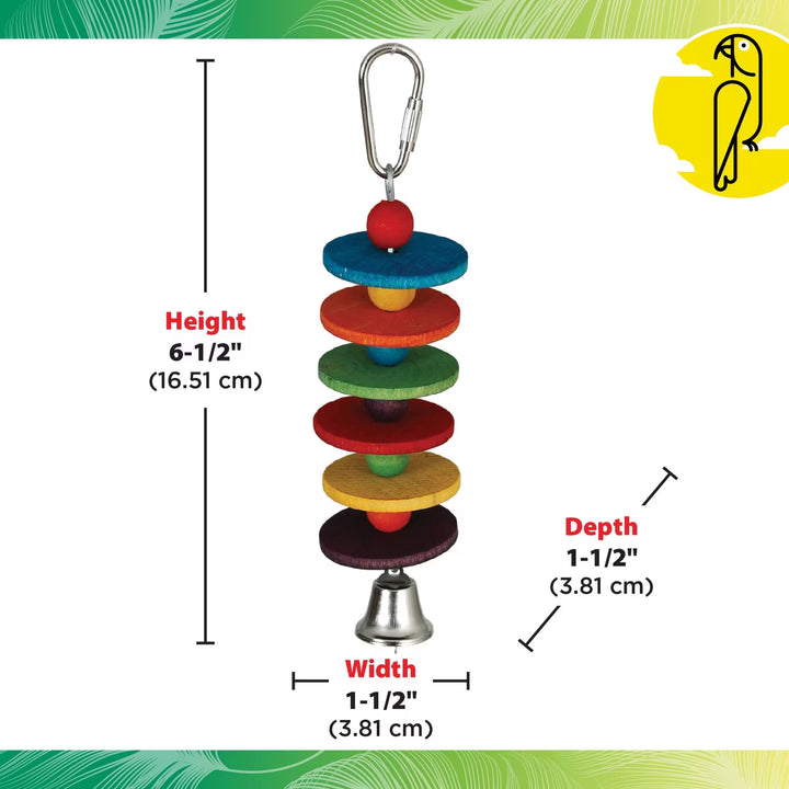 Colorful Caitec Disco bird toy with measurements on a white background