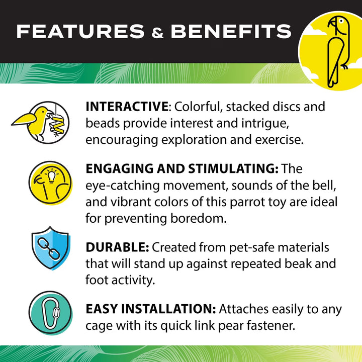 Features and benefits of a parrot toy displayed on a green and black background with icons.