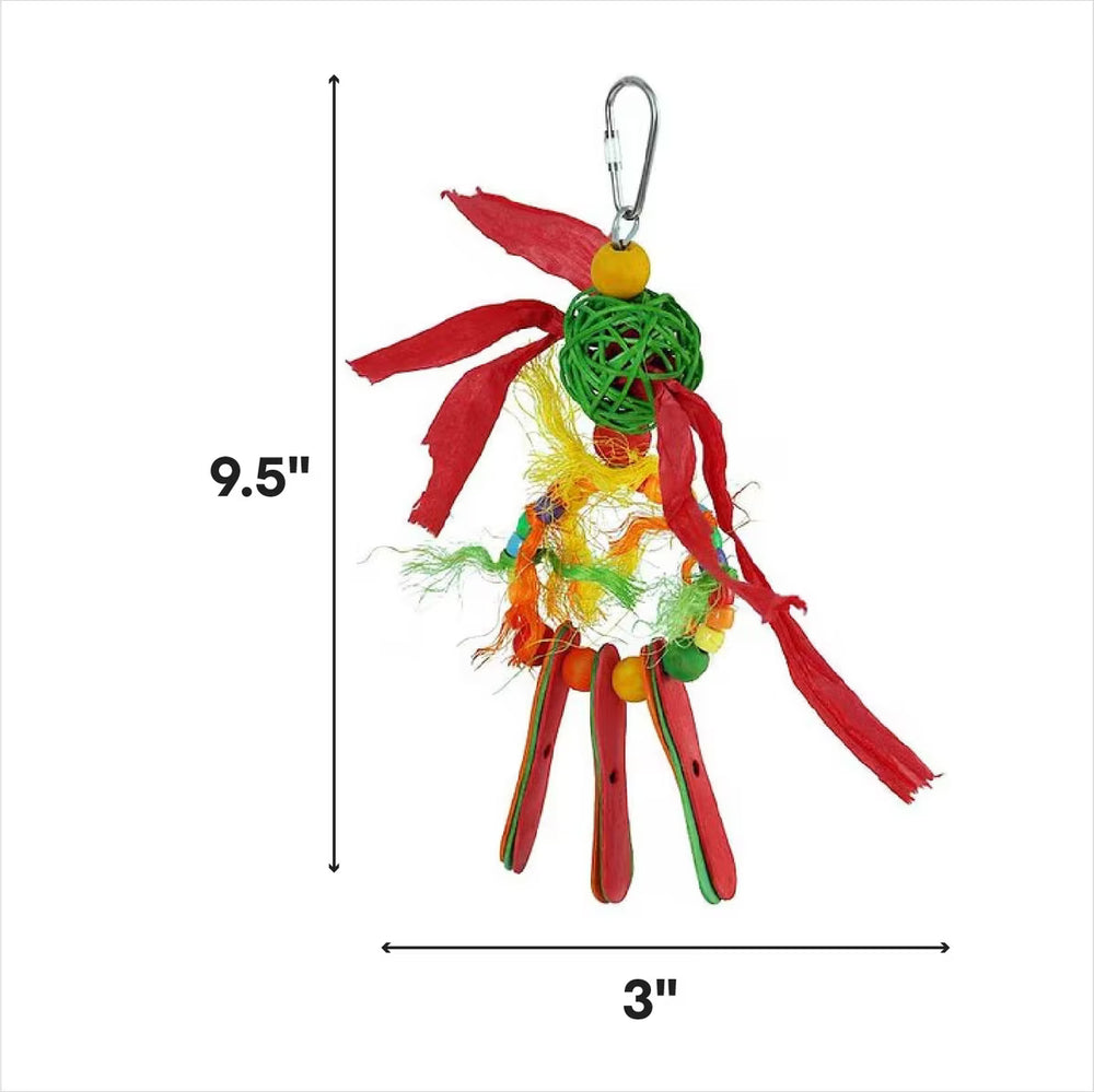 Colorful Caitec Dream Catcher Bird Toy with measurements on a white background