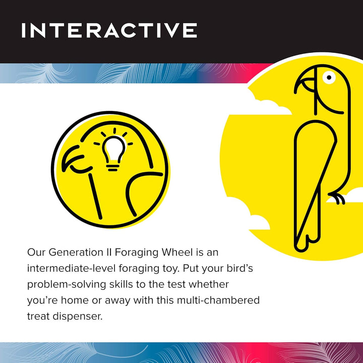 Promotional image of Caitec Featherland Paradise Generation II Foraging Wheel, Large with a parrot illustration and text about problem-solving skills.