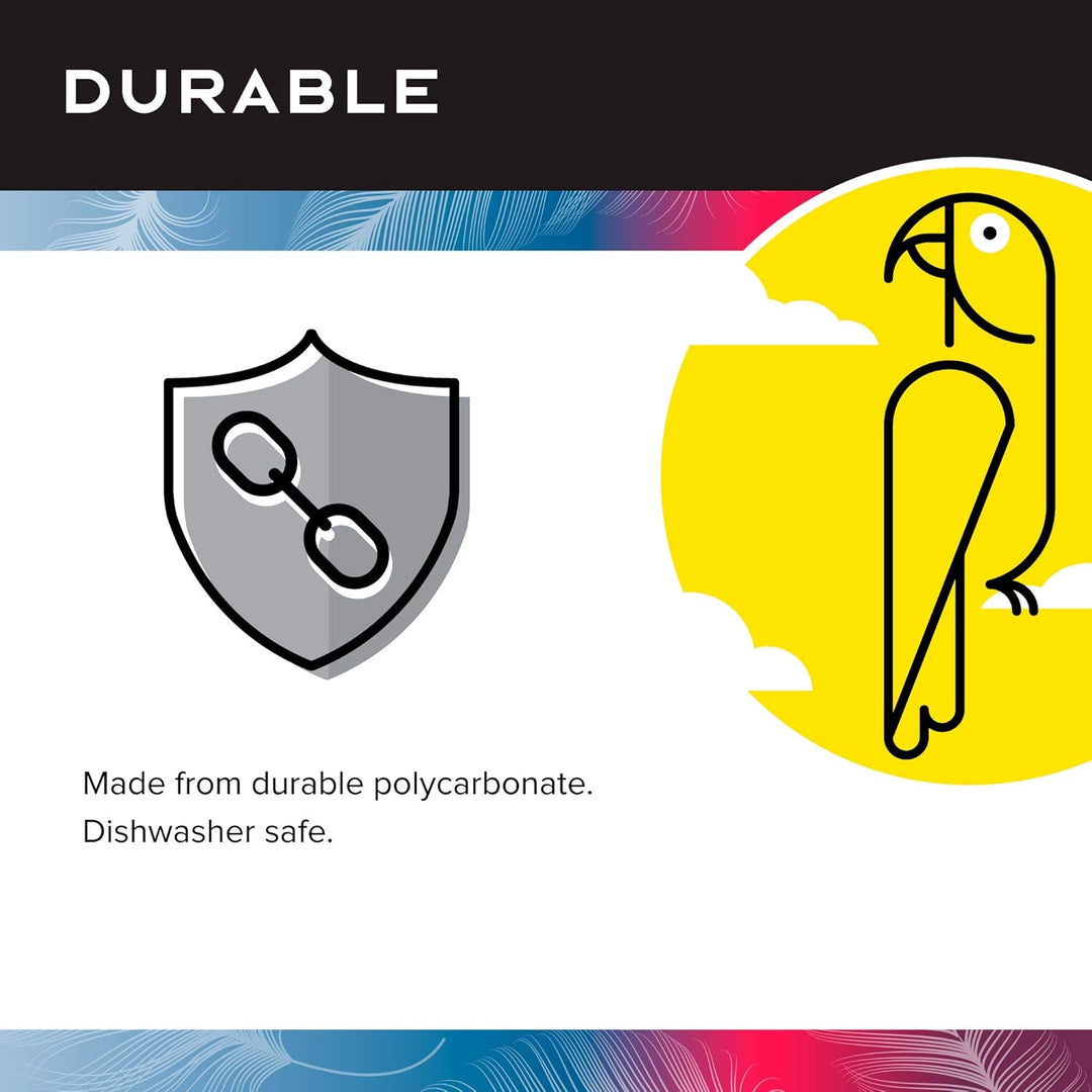 Product packaging with durable icon, parrot illustration, and text about material properties.