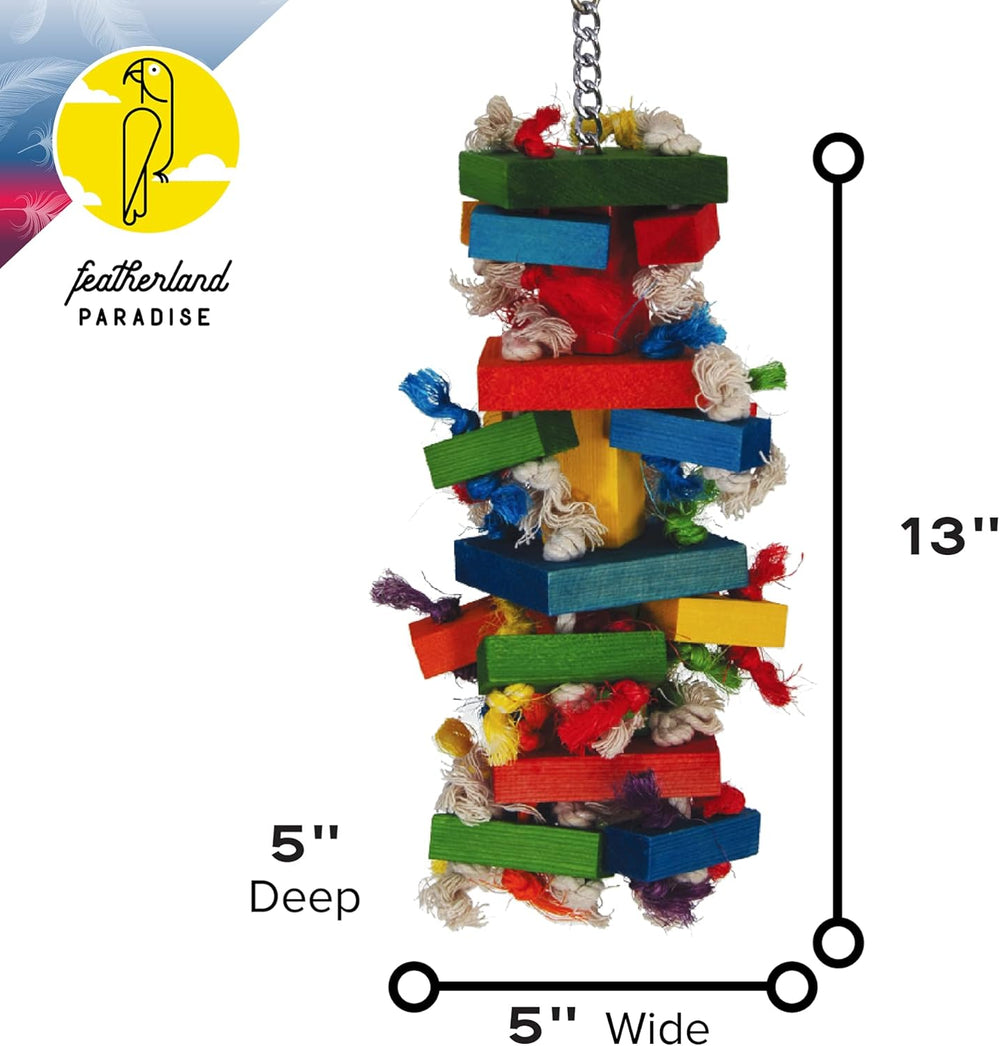 Colorful bird toy with dimensions labeled, featuring the brand 'Featherland Paradise'.