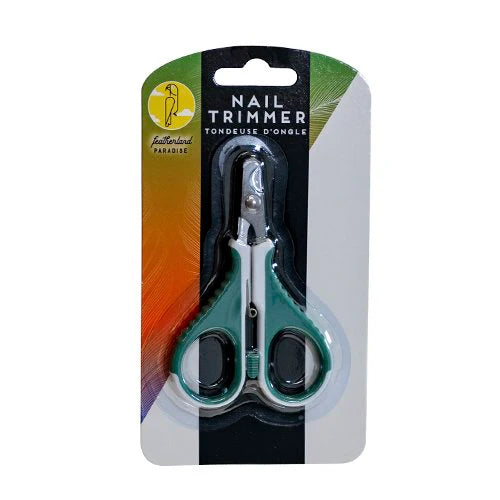 A pair of nail trimmer scissors from Caitec in a green and silver handle, packaged in a blister pack with a colorful backing card labeled 'NAIL TRIMMER'.