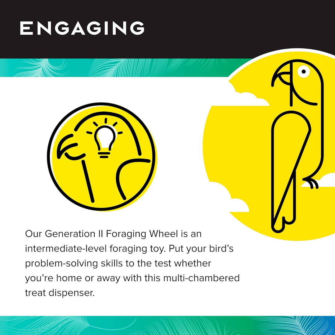 Advertisement for a bird toy with a parrot illustration and text about problem-solving skills.