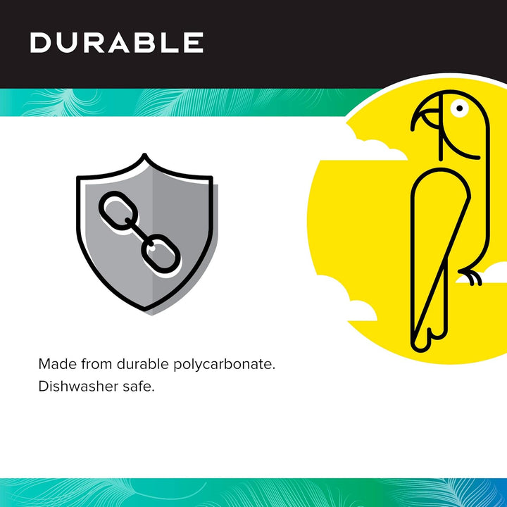 Product packaging with a durable icon, parrot illustration, and text about material properties.