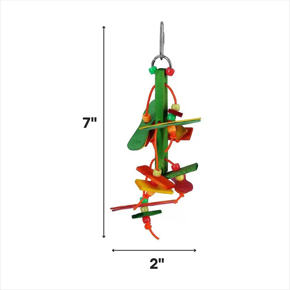 Colorful Caitec Popsicle Hang Down bird toy with dimensions on a white background