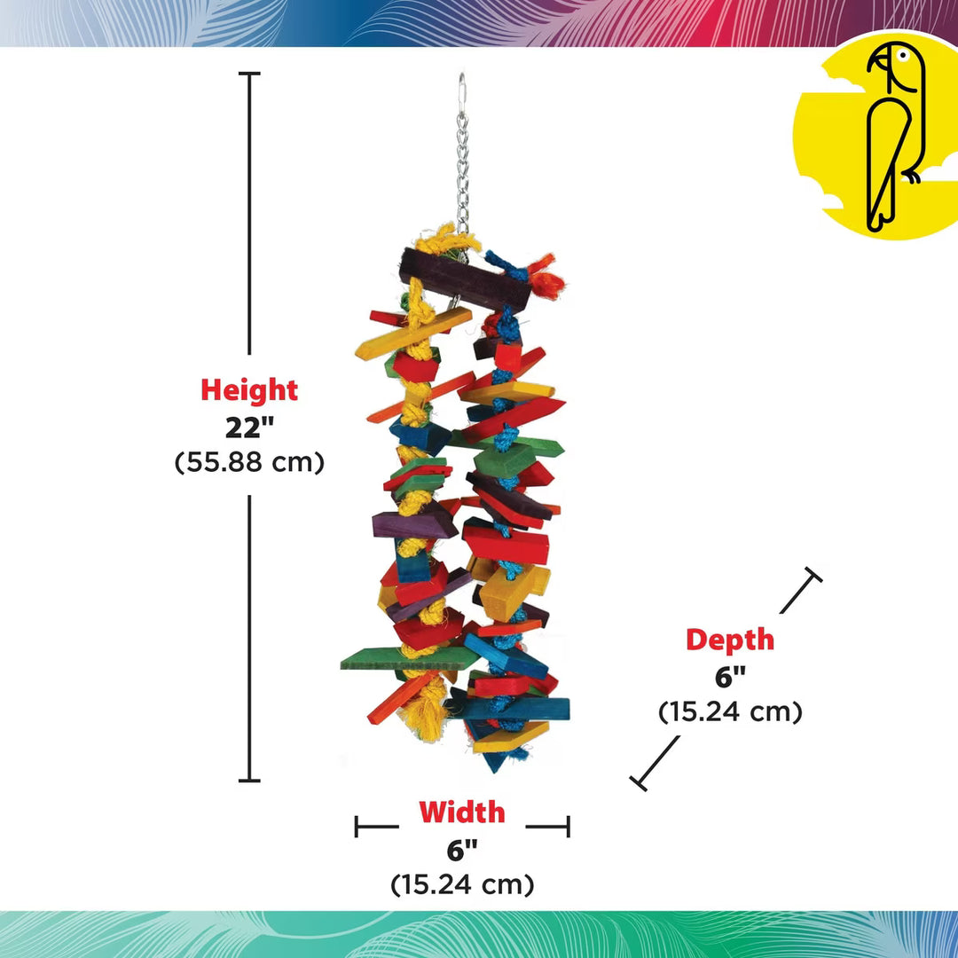 Colorful Caitec Tinker N Round bird toy with dimensions labeled on a white background