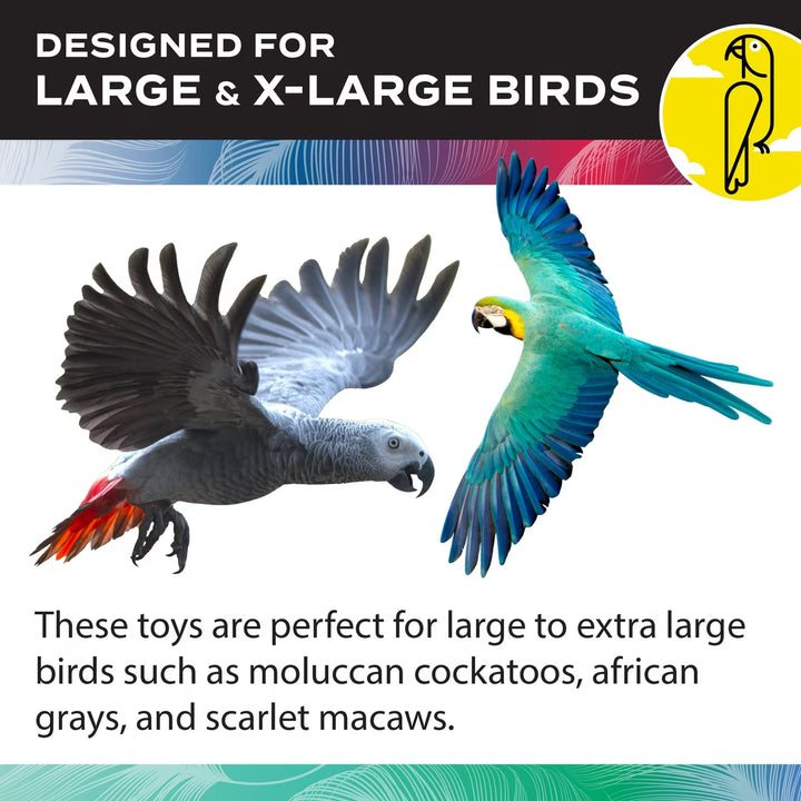 Two parrots with text indicating toys are designed for large and extra-large birds.